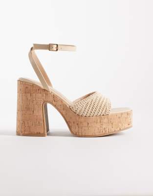South Beach Crochet Cork Heeled Sandals In Neutral