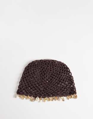 South Beach Crochet Festival Cap With Shell Embellishment In Brown