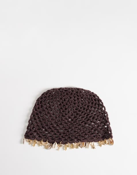 South Beach crochet festival cap with shell embellishment in chocolate brown - view 1