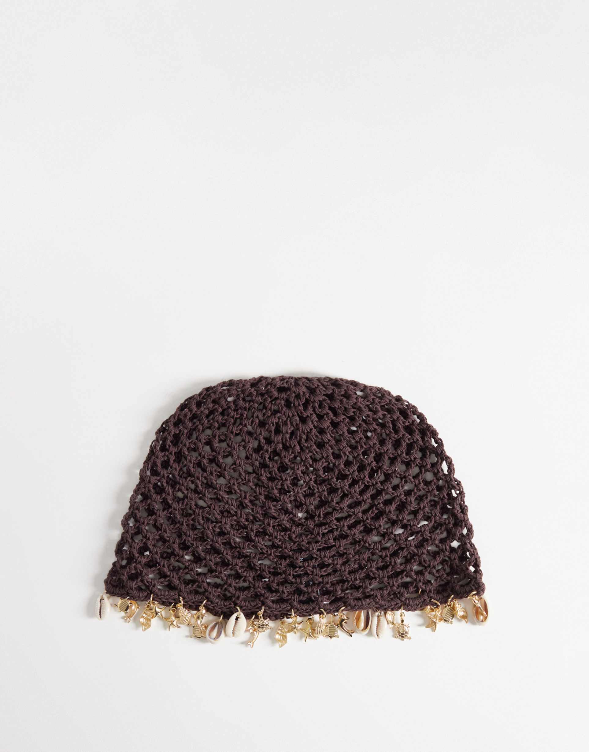 south beach crochet festival cap with shell embellishment in chocolate brown