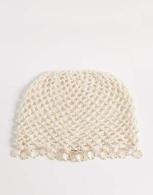 South Beach Crochet Festival Cap With Shell Embellishment In White