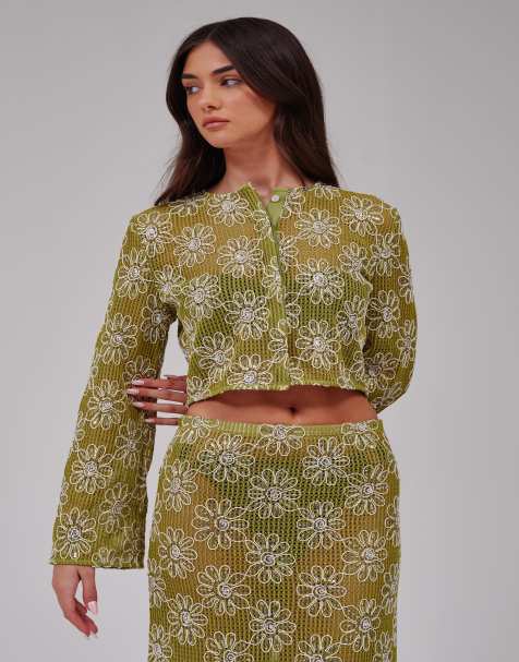 South Beach Crochet floral sequin button front cardigan in green - view 1