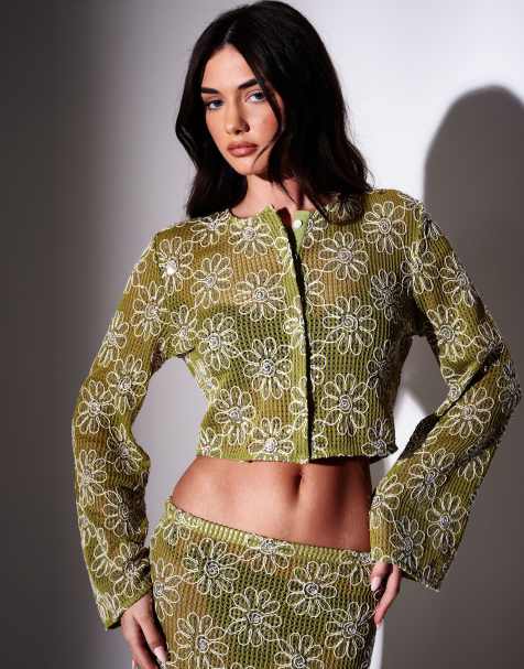 South Beach Crochet floral sequin button front cardigan in green