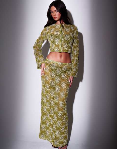 South Beach Crochet floral sequin maxi skirt in green - view 1