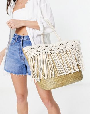South Beach crochet fringe shoulder beach bag in cream