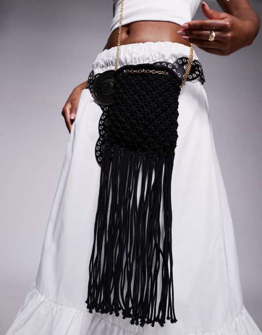 South Beach crochet fringed crossbody phone bag in black , 2 of 4