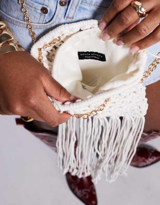 South Beach crochet fringed crossbody phone bag in cream, 3 of 4