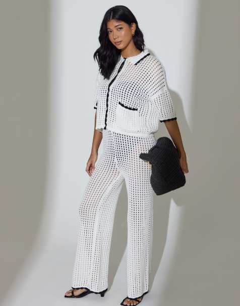 South Beach Crochet knit cuff detail wide leg trousers in white