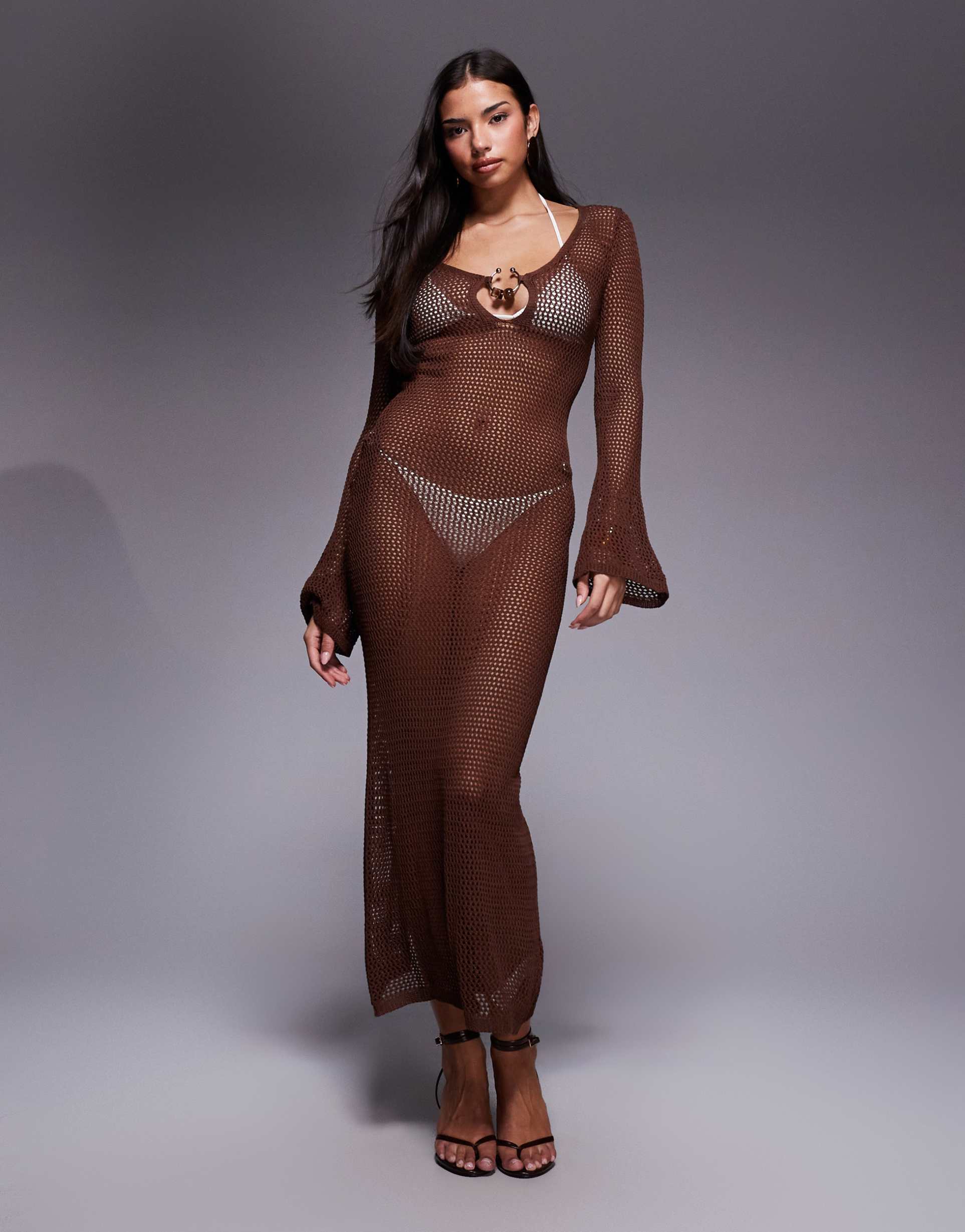 south beach crochet maxi beach dress in brown