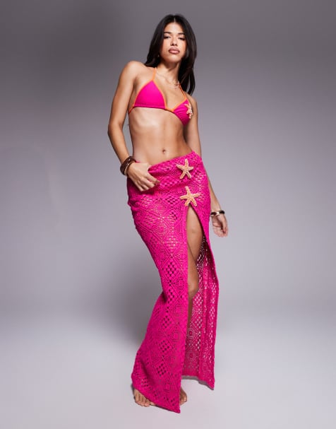 South Beach crochet maxi beach skirt with starfish detail in magenta - view 1