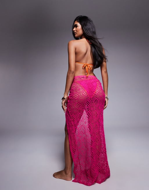 South Beach crochet maxi beach skirt with starfish details in magenta