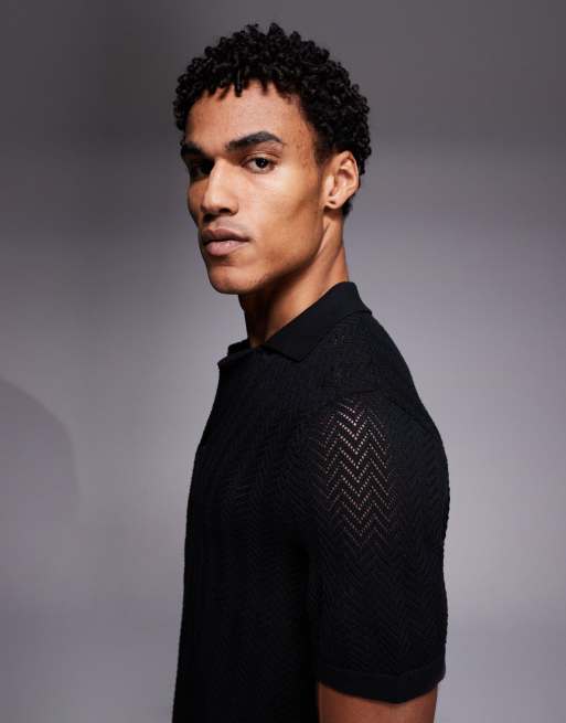 South Beach crochet revere shirt in black, 4 of 5