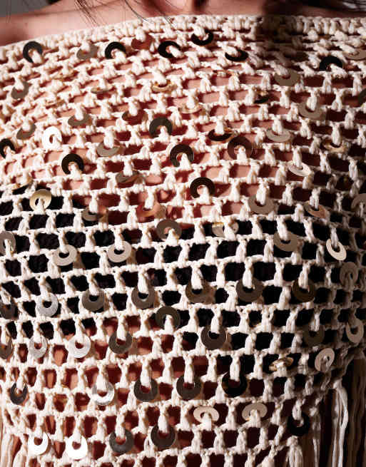 South Beach Crochet sequin poncho top in cream, 2 of 3