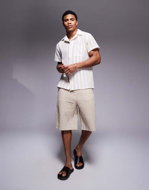 South Beach crochet short sleeve beach shirt in beige and cream, 2 of 4