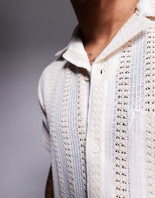South Beach crochet short sleeve beach shirt in beige and cream, 3 of 4