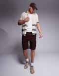 [South Beach] South Beach crochet short sleeve beach shirt in white and black-Multi 2XL White and black