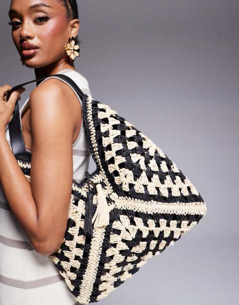 South Beach crochet shoulder beach bag in black and beige - view 1