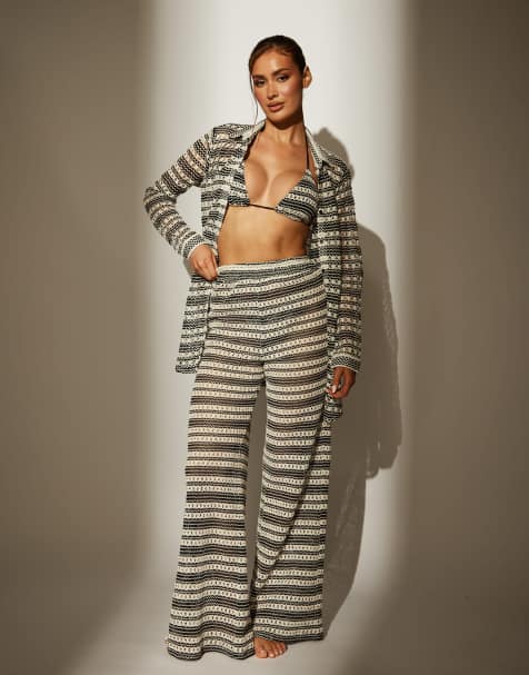 South Beach crochet stripe beach pants in monochrome - view 1