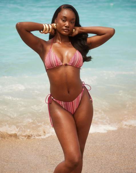 South Beach crochet tie side bikini bottom with bead detail in pink multi