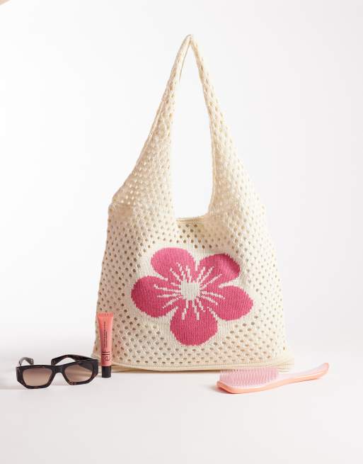 South Beach crochet tote bag with lotus flower print in cream, 2 of 4