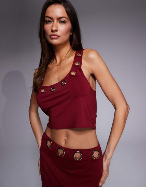 South Beach crop beach top with eyelet detail in burgundy