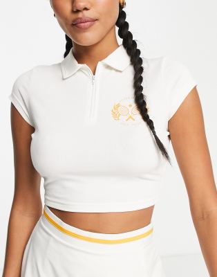 South Beach crop tennis polo in white and orange