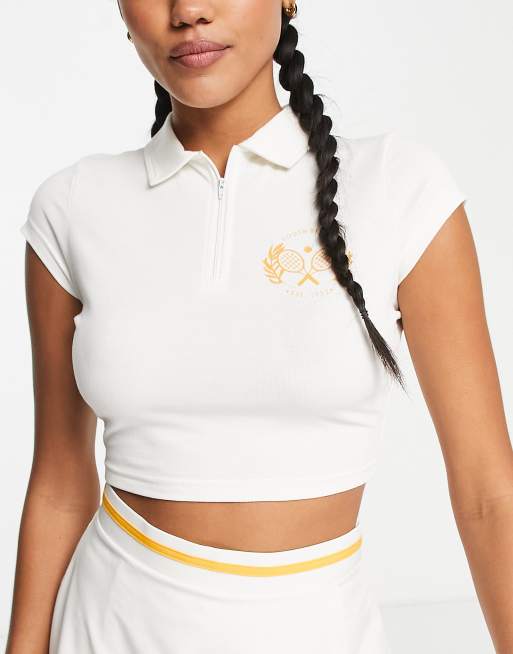 South Beach crop tennis polo in white and orange 