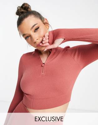 South Beach seamless zip front long sleeve crop top in cedar rose  - ASOS Price Checker