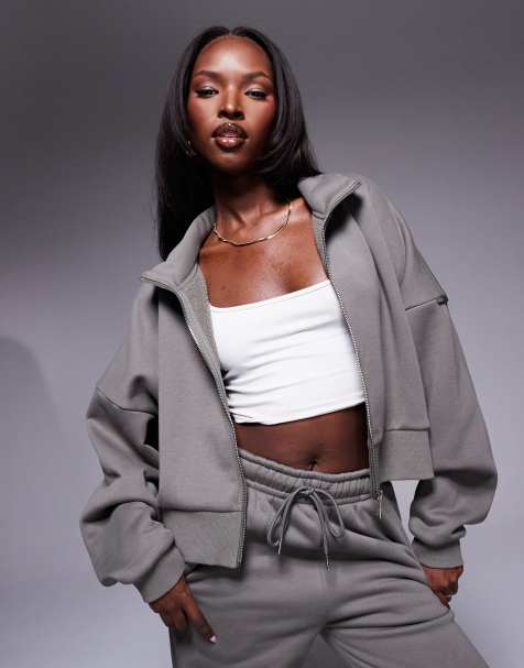 South Beach Cropped funnel neck zip up sweat in khaki - view 1