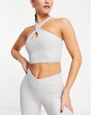 South Beach Cross Strap Crop Ribbed Tank Top In Gray