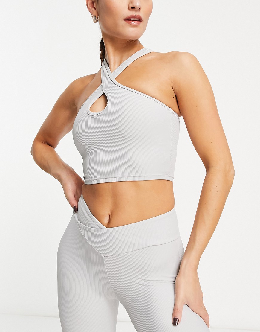 South Beach cross strap crop ribbed tank top in gray