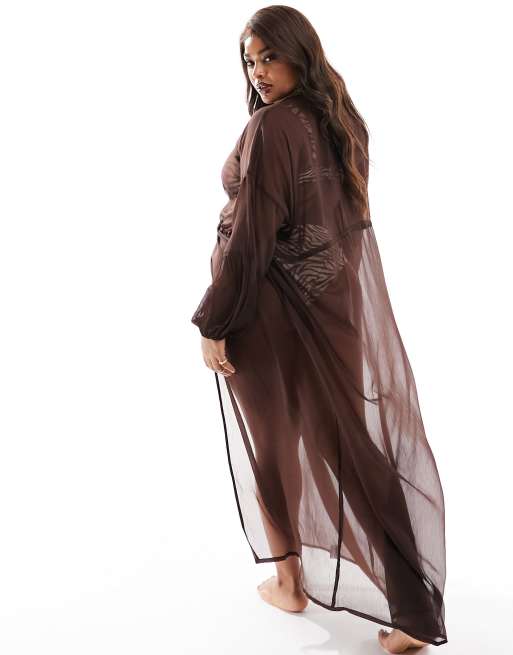 South Beach Curve – Brązowe plażowe kimono maxi z długim rękawem, 3 z 4