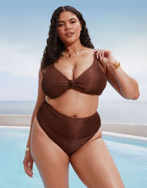 South Beach Curve crinkle high waist bikini bottom in brown
