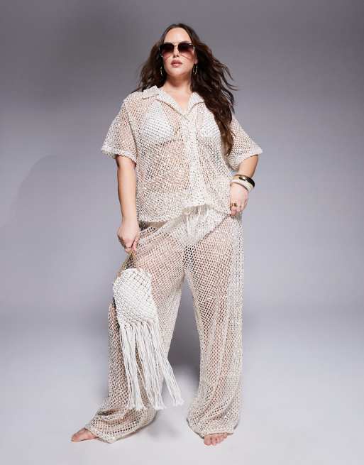 South Beach Curve - Camicia da spiaggia crema all'uncinetto in coordinato, 3 di 4