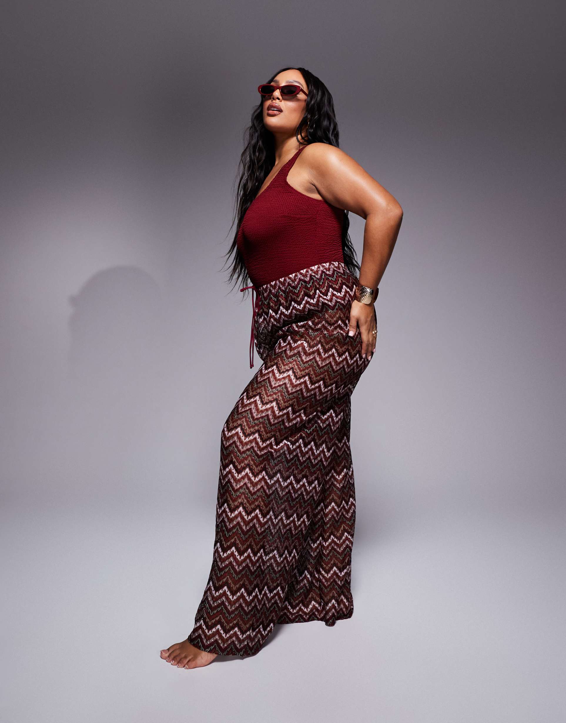 south beach curve chevron knit loose fit beach pants in cherry red