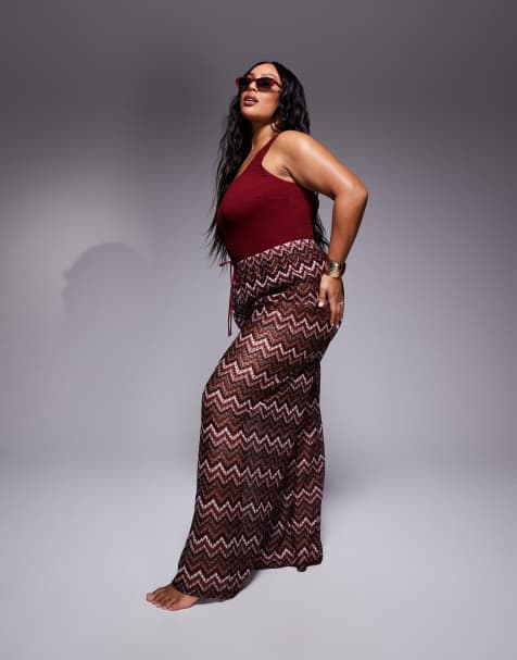 South Beach Curve chevron knit loose fit beach trouser in cherry red