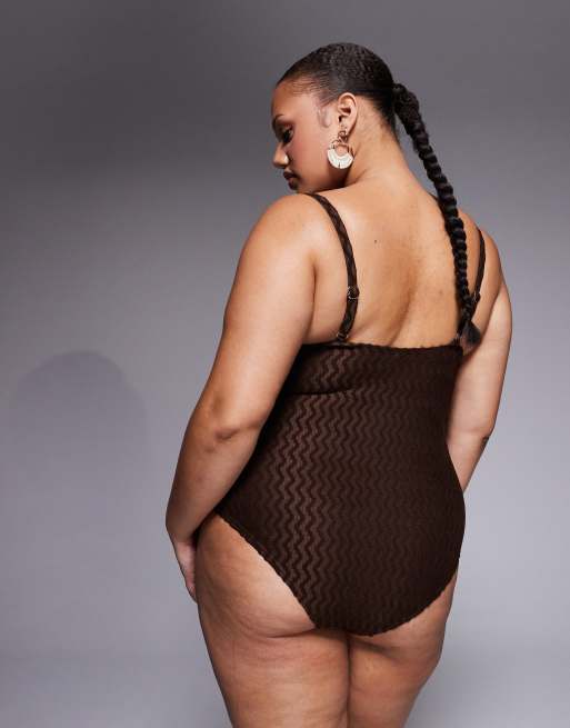 South Beach Curve - Costume da bagno in tessuto stropicciato marrone con perline, 4 di 4