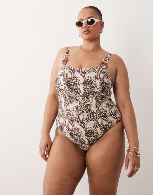 South Beach Curve - Costume da bagno leopardato con dettagli in metallo