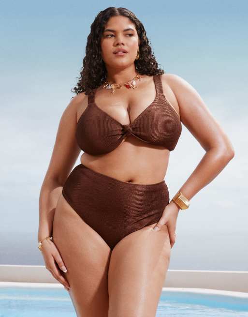 South Beach Curve crinkle bikini top in brown, 2 of 4