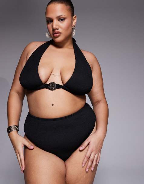 South Beach Curve crinkle halterneck bikini top in black