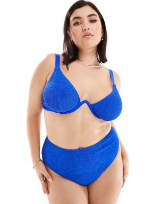 South Beach Curve Crinkle High Waist Bikini Bottom In Cobalt Blue