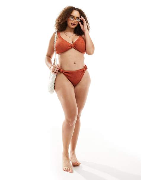South Beach Curve crinkle high waist bikini bottom in rust - view 1