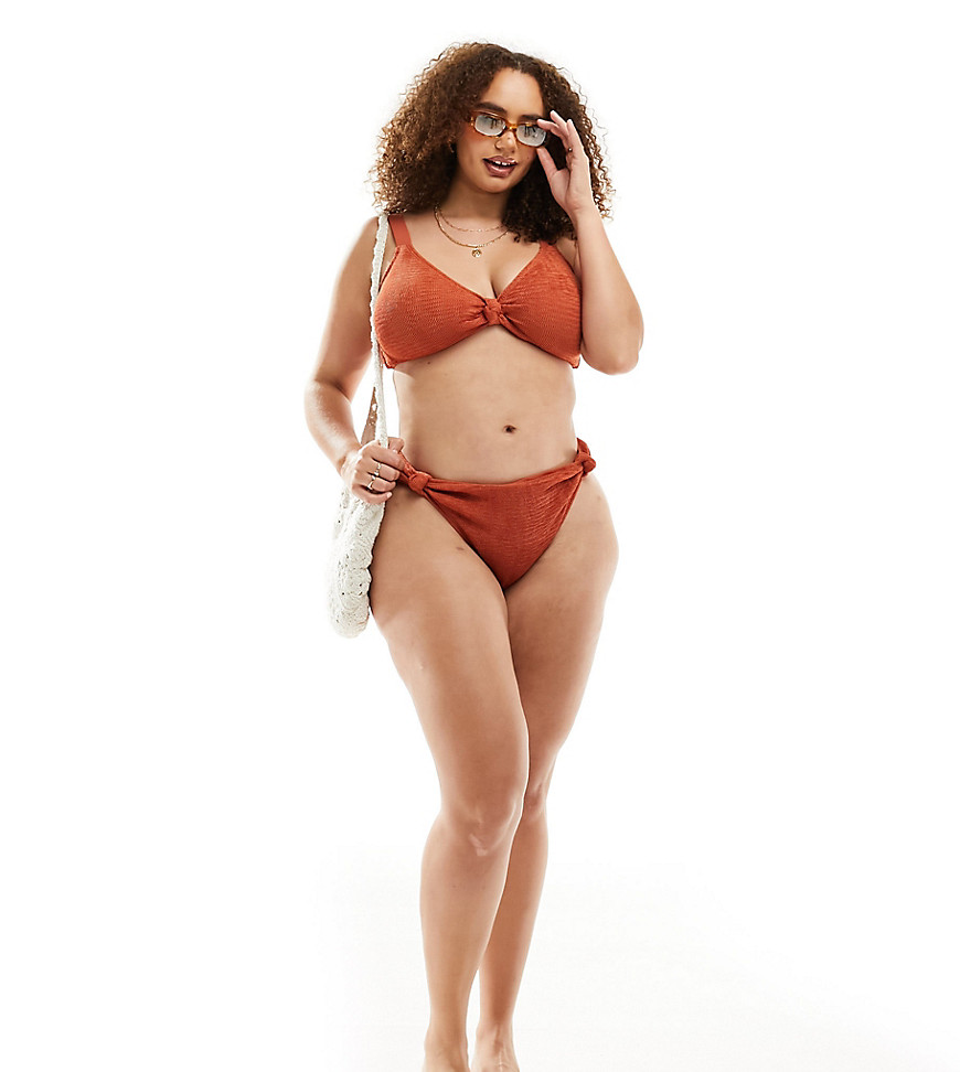 South Beach Curve crinkle high waist bikini bottom in rust-Orange