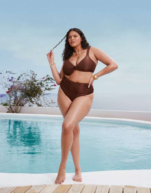 South Beach Curve crinkle high waist bikini bottoms in brown, 3 of 4
