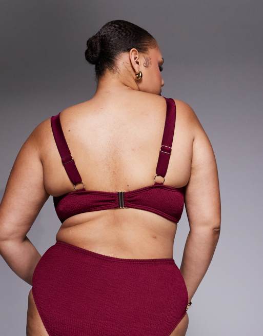 South Beach Curve crinkle knot bikini top in burgundy, 3 of 4