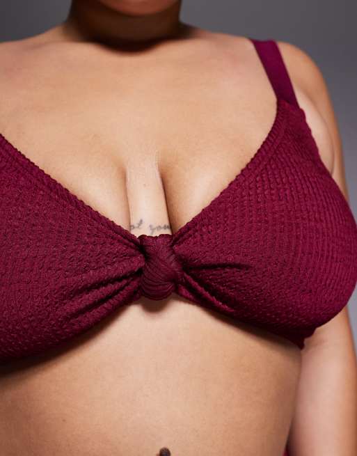 South Beach Curve crinkle knot bikini top in burgundy, 4 of 4