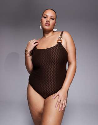 South Beach Curve Crinkle Swimsuit With Bead Detail In Brown