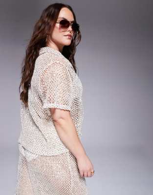 South Beach Curve Crochet Beach Shirt In Neutral