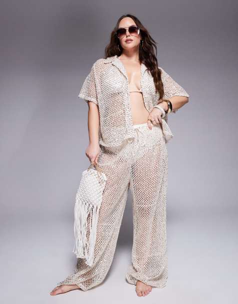 South Beach Curve crochet beach trouser co-ord in cream - view 1