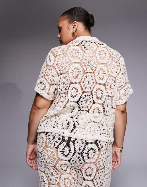 South Beach Curve crochet shirt in cream, 3 of 4